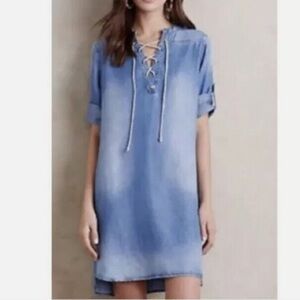 Cloth & Stone Xander Lace Up Chambray Dress Size S Tencel Lyocell Pockets